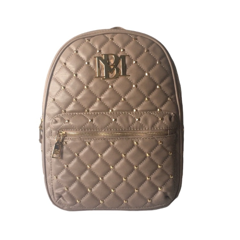 Badgley Mischka diamond quilted taupe gold backpack with studs NWT vegan leather
